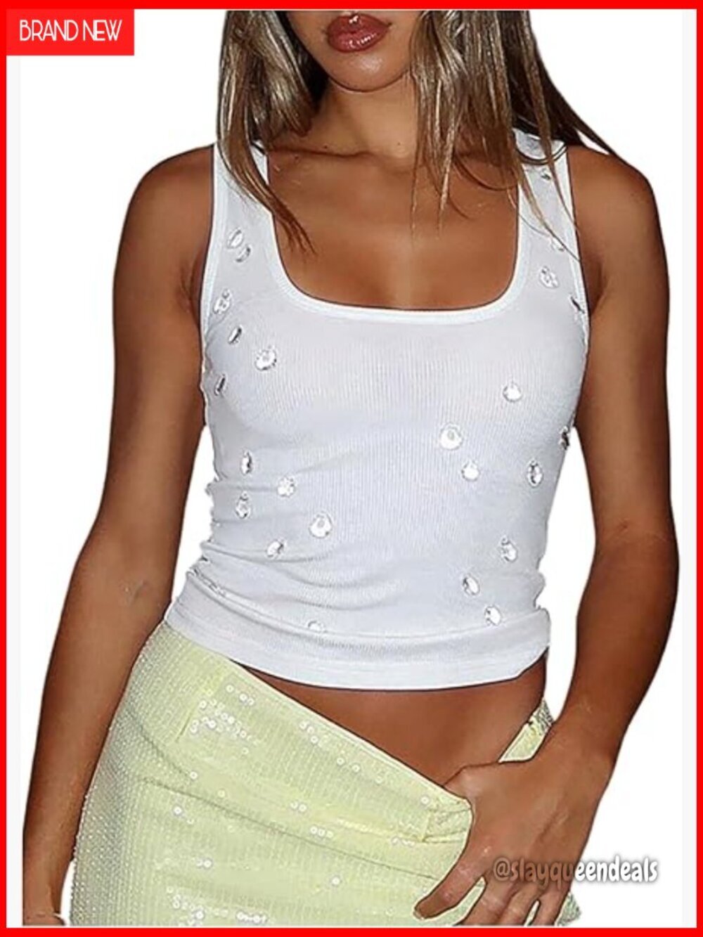 Slim Fit Rhinestone Square Neck Crop Tank Top Polyester Rib Knit